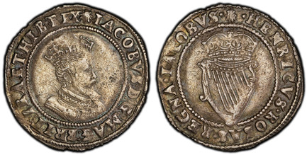 1084554 IRELAND. James I. (King, 1603-1625). (1606-07)-(escallop) AR Shilling. PCGS AU53.  London. Crowned fourth bust with long beard, right; less ornate cuirass / Crowned Irish harp. KM 14.1; S-6516; Dowle & Finn 261.
Ex Superior Galleries (Janu...