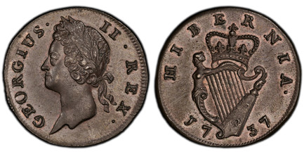 1084557 IRELAND. George II. (King, 1727-1760). 1737 CU 1/2 Penny. PCGS MS63 BN (Brown).  Laureate bust, left; with small letters / Crowned harp, date below. KM 125; S-6605; Dowel & Finn 541.

Please use this link to verify the PCGS certification n...