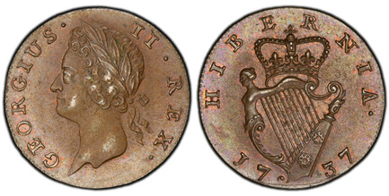 1084559 IRELAND. George II. (King, 1727-1760). 1737 CU Farthing. PCGS MS63BN (Brown).  London (Tower) mint. Laureate bust, left; with small lettering / Crowned harp, date below. KM 126; S-6608 (GEORGIVS); Dowel & Finn 557.

Please use this link to...