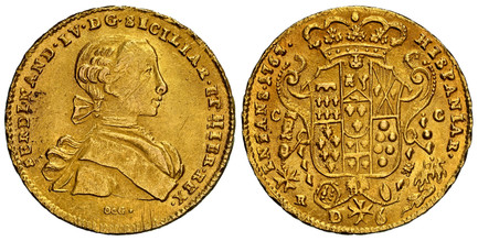 1082980 ITALIAN STATES. Naples. Ferdinando IV. 1767 DeG//CC-R AV 6 Ducati. NGC MS64.  FERDINAN(D) · IV · D · G · SICILIAR · ET HIER · REX ·. Youthful bust to right / HISPANIAR · - INFANS ·. Crowned ornate shield of 6-fold arms, with central shield...