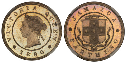 1085717 JAMAICA. Victoria. 1880 Copper-Nickel Farthing. NGC PR65 Cameo.  Heaton. VICTORIA QUEEN. Crowned head left within beaded circle / JAMAICA... Alligator on shield within beaded circle. KM 15. Proof; Pridmore 92A.

Please use this link to ver...