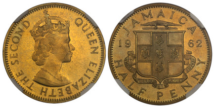 1085722 JAMAICA. Elizabeth II. (Queen, 1952-2022). 1962 Nickel-Brass 1/2 Penny. NGC PR64.  By Percy Metcalfe (Rev.). Crowned bust right / Arms divide date. KM 36. Proof.

Please use this link to verify the NGC certification number <a href="https:/...
