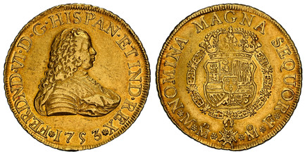 1084648 MEXICO. Ferdinand VI. 1753-Mo MF AV 8 Escudos. NGC AU55.  Mexico City. FERDND · VI · D · G · ... Armored bust right / NOMINA MAGNA SEQUOR. Crowned shield in order chain. KM 151; Calico 788.

Please use this link to verify the NGC certifica...