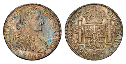 1084714 MEXICO. Ferdinand VII. (King, 1808-1821). 1809-Mo TH AR 8 Reales. NGC MS61.  Mexico City. FERDIN · VII... Armored laureate bust right / IND · REX... Crowned shield flanked by pillars. KM 110;  Yonaka-M8-109 variant (Obverse type C).

Pleas...