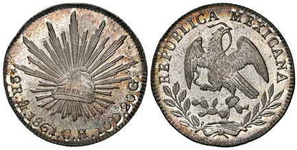 1085474 MEXICO. 1861-Mo CH AR 2 Reales. NGC MS66.  Mexico City. Edge: Reeded. REPUBLICA MEXICANA. Facing eagle, snake in beak / Radiant cap. KM 374.1.

Please use this link to verify the NGC certification number <a href="https://www.ngccoin.com/ce...