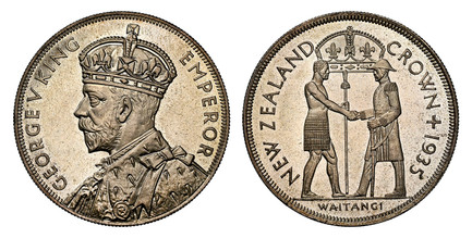 1084592 NEW ZEALAND. George V. (King, 1910-1936). 1935 AR Crown. NGC PR67.  38.8mm. Crowned bust left / Crown above standing figures shaking hands. KM 6; Dav.-443.

Treaty of Waitangi in 1840. From a reported mintage of just 468 pieces.

Please us...