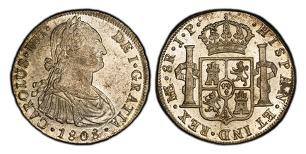1084715 PERU. 1808-LIMAE JP AR 8 Reales. PCGS MS63.  Lima. CAROLUS · IIII · DEI · GRATIA ·. Bust of Charles IIII, right / ...HISPAN · ET IND · REX. Crowned arms, pillars. KM 97; AC 928.

Please use this link to verify the PCGS certification number...