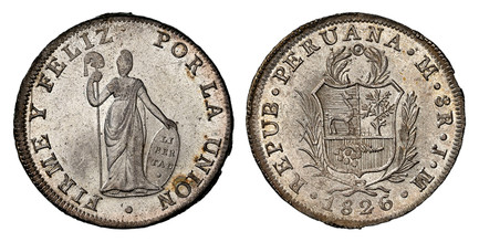 1084016 PERU. 1826- LIMA JM AR 8 Reales. NGC MS64+.  Lima. Edge: Plain. REPUB. PERUANA... Medium wreath above arms within sprigs, date below / FIRME Y FELIZ... Small figure of Liberty. KM 142.1.

Currently the finest known at NGC as of September 2...