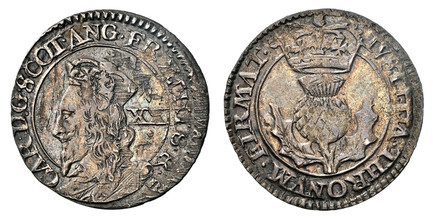1084679 SCOTLAND. Charles I. (King, 1625-1649). (1637-42) AR 20 Pence. NGC AU55.  By Nicholas Briot. Edinburgh Mint. 0.83gm. Crowned bust, left; "B" below bust and denomination XX behind head in right field / Crowned thistle within inner circle; c...