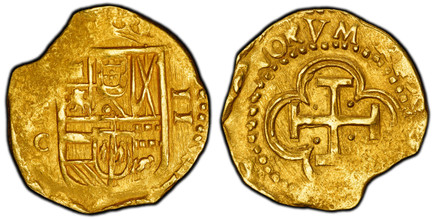 1084038 SPAIN. Philip III. (1608-1621) ND-To C AV 2 Escudos. PCGS MS61.  Toledo. 6.73gm. Crowned shield of royal arms between mint mark with assayer mark below and value / Cross in quatrefoil, date above in legend. KM 48.4; Calico Type 200.

Pleas...