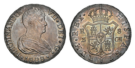 1084040 SPAIN. Ferdinand VII. 1808-S CN AR 8 Reales. NGC MS64.  Seville. FERDINANDUS VII · DEI · G ·. Draped bust right / HISPANIARUM · REX ·. Crowned arms of Castile and Leon. KM 451; Calico 1411.

Currently the finest known at NGC as of October ...