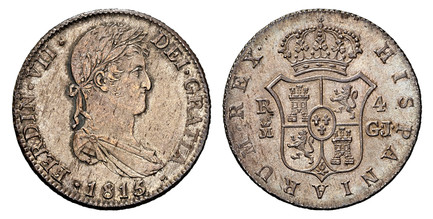 1083631 SPAIN. Ferdinand VII. 1815-(Crowned M) GJ AR 4 Reales. NGC MS64+.  Madrid. Laureate draped bust right / Crowned arms of Castile and Leon. KM 476.2; Calico 1081.
Currently the finest known at NGC as of July 2025. 

Please use this link to v...
