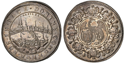 1083422 SWISS CANTONS. Basel. -1710 IDB AR 2 Thaler. NGC MS61.  57.16gm. DOMINE · CONSERVA · NOS · IN · PACE. City view with seven ships in harbor within beaded circle / Winged dragon with arms of Basel at lower left within center circle of assort...