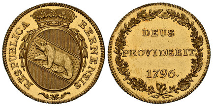 1084570 SWISS CANTONS. Bern. 1796 AV Duplone. NGC MS63PL (Prooflike).  7.64gm. BERNENSIS RESPUBLICA. Crowned, oval arms of Bern, with garland / DEUS / PROVIDEBIT. Legend and date in three lines within wreath. KM 146; Fr.-182; HMZ 2-213h.

Fullr pr...