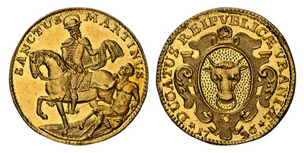 1085562 SWISS CANTONS. Uri. 1736/20 AV Ducat. NGC MS63.  Ornate oval arms with the bull of Uri / SANCTUS MARTINUS. St. Martin on horse, left. KM 38; Fr.-407; HMZ 2-991d; D.T.-575b.

Please use this link to verify the NGC certification number <a hr...