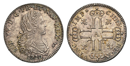 1078619 UNITED STATES, Colonial & Related. France. Louis XV. 1720-A AR 1/3 Ecu. NGC MS63.  Paris. LUD · XV · D · G · FR · ET · NAV · REX ·. Young laureate bust right / CHRS · REGN · VINC · IMP *. Crowned back to back L's in cruciform, fleur-de-lis...