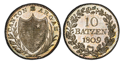 1083421 SWISS CANTONS. Aargau. 1809 AR 10 Batzen. PCGS MS67.  Bern. 7.23gm. CANTON ARGAU. Pointed shield within sprigs / Value, date within wreath. KM 14; D.T. 192b; HMZ 2-21b.

Please use this link to verify the PCGS certification number <a href=...