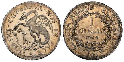 1083483 SWISS CANTONS. Basel. 1765 IH AR Thaler. NGC MS66.  40mm. 23.28gm. MONETA REIPUB · BASILEENSIS. Value within wreath, date below / DOMINE · CONSERVA · NOS · IN · PACE. Basilick with arms of Basel at lower left. KM 169; Dav.-1754; Divo 105; ...