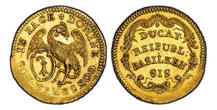 1083423 SWISS CANTONS. Basel. (1750-80) AV Ducat. PCGS MS62.  3.45gm. DOMINE CONSERVA NOS IN PACE *. Basilisk right holding shield with arms / DUCAT•/ REIPUBL:/ BASILEEN/ SIS. Legend in curved line in cartouche. KM 103; Fr.-48a; D.T. 723; HMZ 2-94...