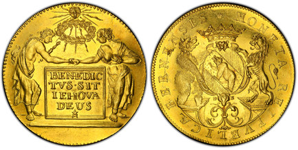 1078996 SWISS CANTONS. Bern. (1700-10) ND DB AV 4 Ducats. PCGS MS63.  By J. de Beyer. 13.84gm. MONETA REIPVBLICAE BERNENSIS. Crowned oval arms with a bear and lion supporter to either side; initials D-B below / BENEDIC/ TVS SIT/ IEHOVA/ DEVS/ *. A...