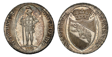 1081241 SWISS CANTONS. Bern. 1798 AR Thaler. NGC MS67.  BERNENSIS RESPUBLICA. Crowned, spade arms of Bern within oval frame / DOMINUS PROVIDEBIT. Standing Swiss with long sword, date below within oval frame. KM 165; D./T. 508; Dav.-1760A.

Please ...