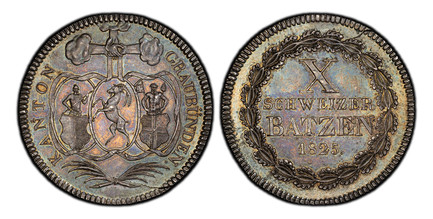 1083451 SWISS CANTONS. Graubunden. 1825 N AR 10 Batzen. PCGS MS64.  7.39gm. KANTON GRAUBUNDEN. Three oval shields, palm branches below / Value and date within circular wreath. KM 12; HMZ 2-603a; D.T. 178.

Please use this link to verify the PCGS c...