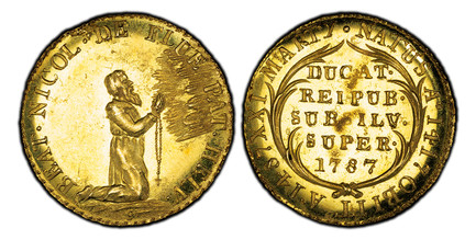 1083430 SWISS CANTONS. Unterwalden. "1787" (1860) S AV Restrike Ducat. PCGS MS62.  By Johann Ulrich Samson. 3.80gm. BEAT. NICOL. DE FLUE PAT. HELV. Kneeling Saint Nicholas with rosary right / NATUS A. 1417 OBIIT A. 1487 XXI MARTY.// DUCAT./ REIPUB...