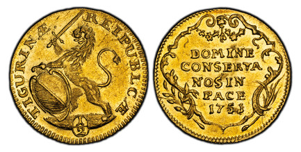 1083454 SWISS CANTONS. Zurich. 1751/48 AV 1/2 Ducat. PCGS MS62.  1.73gm. RESPUBLICÆ TICURINÆ ·. Oval arms of Zurich supported by rampant lion at right / DOMINE / CONSERVA / NOS IN / PACE ·. Inscription, date within ornamented cartouche. KM 139; Fr...