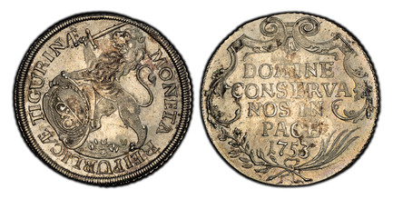 1083456 SWISS CANTONS. Zurich. 1753 AR Thaler. PCGS MS64.  28.27gm. MONETA REIPUBLICÆ TIGURINÆ ·. Oval arms of Urich in baroque frame, supported by rampant lion at right / DOMINE/CONSERVA/NOS IN/PACE, date within cartouche, angel head above. KM 15...