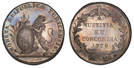 1084385 SWISS CANTONS. Zurich. 1776 AR Thaler. PCGS MS65.  MONETA REIPUBLICÆ TURICENSIS ·. Oval arms of Zurich with palm branch at left, supported by rampant lion at right / IUSTITIA/ET/CONCORDIA, date above crossed cornucopias within ornate carto...
