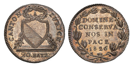 1083485 SWISS CANTONS. Zurich. 1826 AR 20 Batzen. NGC MS66.  34mm. 14.70gm. CANTON ZURICH. Shield with garland at sides, wreath above, value below / DOMINE CONSERVA NOS IN PACE 1826. Legend and date within wreath. KM 192; DT-19b; HMZ 2-1173b; Forr...
