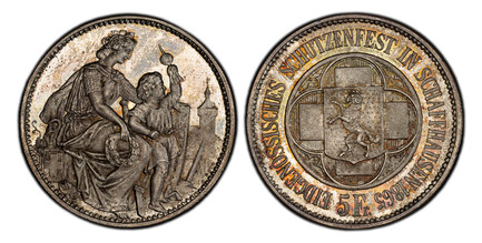 1083437 SWITZERLAND. Schaffhausen. 1865 AR Confederation Shooting Taler of 5 Francs. PCGS MS66.  By Antoine Bovy. 24.99gm. EIDGENOSSISHES SCHÜTZENFEST IN SCHAFFHAUSEN. Arms in quadra foil / Helvetia seated right with child standing before shield. ...