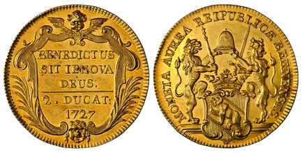 1083424 SWITZERLAND. Bern Canton. 1727 AV 2 Ducats. NGC MS63.  6.90gm. MONETA AVREA REIPVBLICAE BERNENSIS. Two lions with a scepter and a sword holding a hat above crowned coat of arms / BENEDICTUS SIT IEHOVA DEUS. 2 DUCAT. Inscription and date be...