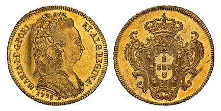1084396 BRAZIL. Maria I. 1798-R AV 6400 Reis. NGC MS63.  Rio de Janeiro. MARIA · I · D · G · PORT · ET · ALG · REGINA ·. Bust right with jeweled headdress / Crowned ornate arms. KM 226.2; Gomez M133.16.

Please use this link to verify the NGC cert...