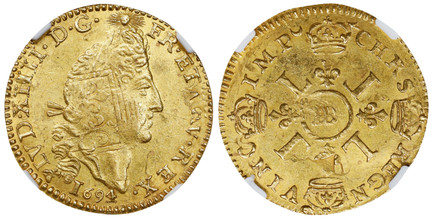 1082933 FRANCE. Louis XIV. 1694-BB AV Louis d'Or. NGC AU58.  Strasbourg. Older laureate head of Lois XIV / 4 L's around mint mark. KM 302.4; Friedberg 433; Gadoury 252.

Please use this link to verify the NGC certification number <a href="https://...