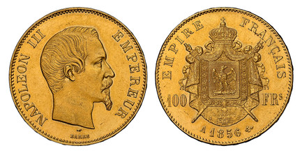 1081693 FRANCE. Napoleon III. 1856-A AV 100 Francs. NGC MS63.  Paris. NAPOLEON III EMPEREUR. Head right / EMPIRE FRANCAIS. Crowned and mantled arms divide denomination. KM 786.1; Gadoury 1135; F.-550.

Please use this link to verify the NGC certif...