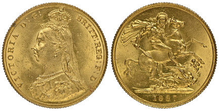 1084351 GREAT BRITAIN. Victoria. (Queen, 1837-1901). 1887 AV Sovereign. NGC MS64+.  VICTORIA D:G: BRITT: REG: F:D:. Bust left wearing small crown and veil / St. George slaying the dragon. KM 767; SCBC-3866; Friedberg 392.

Jubilee head.

Please us...