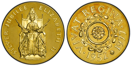 1085206 GREAT BRITAIN. Elizabeth II. (Queen, 1952-2022). 1977 AV Medal (26 Ducats Weight). PCGS MS67.  By Bernard Sindall. Royal Mint. Edge: Hallmarks 916 (fineness) and #117. 44mm. 91.03gm. The Queen enthroned / Rose within shield, VIVAT REGINA 1...