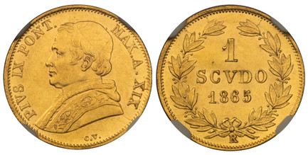 1082653 ITALIAN STATES. Papal States. Pius IX. (Pontiff, 1846-1870). 1865-XIX-R AV Scudo. NGC MS64.  Rome. 16.3mm. 1.73gm. PIVS.IX.PONT... Bust left / Value and date within wreath. KM 1361.

Please use this link to verify the NGC certification num...