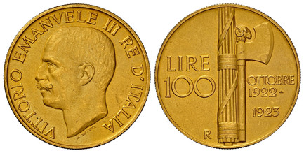 1083544 ITALY. Vittorio Emanuele III. (Emperor, 1900-1946). 1923-R AV 100 Lire. NGC MS62 Matte.  Rome. 35mm. 32.25gm. Head left / Axe within fasces with value at left. KM 65. Matte finish; Bolzano R64; Gigante 7; Montenegro 12; Pagani 644.

1st An...