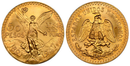1084031 MEXICO. 1947 AV Restrike 50 Pesos. NGC MS69.  Mexico City. Edge: INDEPENDENCIA Y LIBERTAD. National arms / Winged Victory. KM 481; Fr.-172.

Commemorative issue for the 100th Anniversary of Independence from Spain.

Please use this link to...