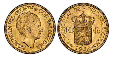 1083692 NETHERLANDS. Wilhelmina I. 1932 AV 10 Gulden. PCGS MS65.  Edge: Reeded. Head right / Crowned arms divide value. KM 162.

Please use this link to verify the PCGS certification number <a href="http://www.pcgs.com/cert/61270106/">61270106</a>