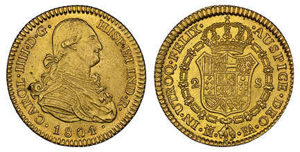 1075747 SPAIN. Charles IV. 1804-(Crowned M) FA AV 2 Escudos. NGC MS63.  Madrid. CAROL · IIII · D · G · HISP · ETIND · R ·. Bust right / IN · UTROQ · FELIX... Crowned arms in order chain. KM 435.1; Calico 347.

Please use this link to verify the NG...