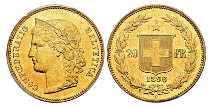 1083433 SWITZERLAND. 1896-B AV 20 Francs. PCGS MS64+.  Bern. Edge: DOMINUS XXX / XXXXXXXXXX PROVIDEBIT. 6.45gm. CONFOEDERATIO HELVETICA. Crowned head left / Shield divides value, star above, date below, all within wreath. KM 31.3; Friedberg 495; D...