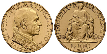 1082274 VATICAN CITY. Pius XII. (Pontiff, 1939-1958). 1948 Anno X AV 100 Lire. NGC MS65.  Rome. Head right / Caritas seated facing flanked by children. KM 39; Fr.-288; Montenegro 517; Pagani 714.

Please use this link to verify the NGC certificati...