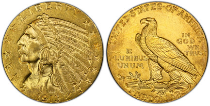 1083041 UNITED STATES OF AMERICA. 1913 AV $5, Half Eagle. PCGS MS63.  By Bela Lyon Pratt. U.S. Mint, Philadelphia. LIBERTY. Incuse design of Native American wearing feather headress, left; stars in the legends to either side / E PLURIBUS UNUM – IN...