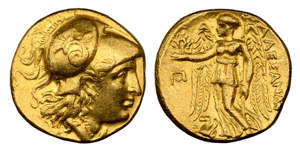 1084405 GREEK. KINGDOM OF MACEDON. Alexander III, 'the Great'. (King, 336-323 BC). Early posthumous issue, struck circa 336-323 BC. AV Stater. NGC Ch. XF (Choice Extremely Fine) Strike 5/5 Surface 4/5.  Teos mint. 17mm. 8.48gm. Head of Athena righ...