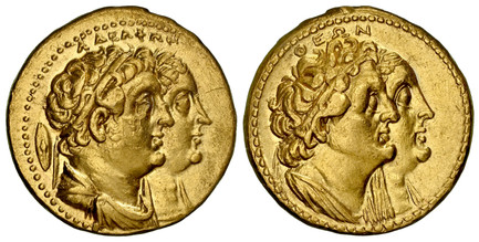 1084574 GREEK. PTOLEMAIC KINGS OF EGYPT. Ptolemy II Philadelphos, with Arsinöe II, Ptolemy I and Berenike I. (Pharaoh, 285/4-246 BC). Struck 285-246 BC. AV Octodrachm (Mnaieion). NGC AU (About Uncirculated) Strike 5/5 Surface 2/5 Edge Filing.  Ale...
