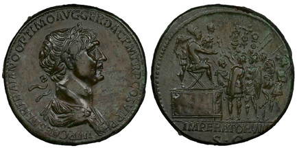 1084950 ROMAN IMPERIAL.  Trajan. (Emperor, 98-117 AD). Struck 114-117 AD. AE Sestertius. NGC Ch. VF (Choice Very Fine) Strike 5/5 Surface 4/5 Fine Style.  Rome. 33mm. 25.79gm. IMP CAES NER TRAIANO OPTIMO AVG GER DAC P M TR P COS VI P P. Laureate b...