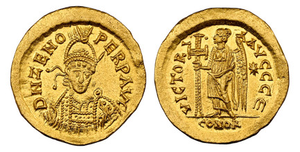 1084997 ROMAN IMPERIAL.  Theoderic or Zeno. (Emperor, 493-526 AD). Struck 474-491 AD. AV Solidus. NGC MS✭ (Mint State ✭) Strike 5/5 Surface 4/5.  Uncertain Italian mint, 5th officina. 20mm. 4.46gm. D N ZENO PERP AVG. Diademed, helmeted and cuirass...